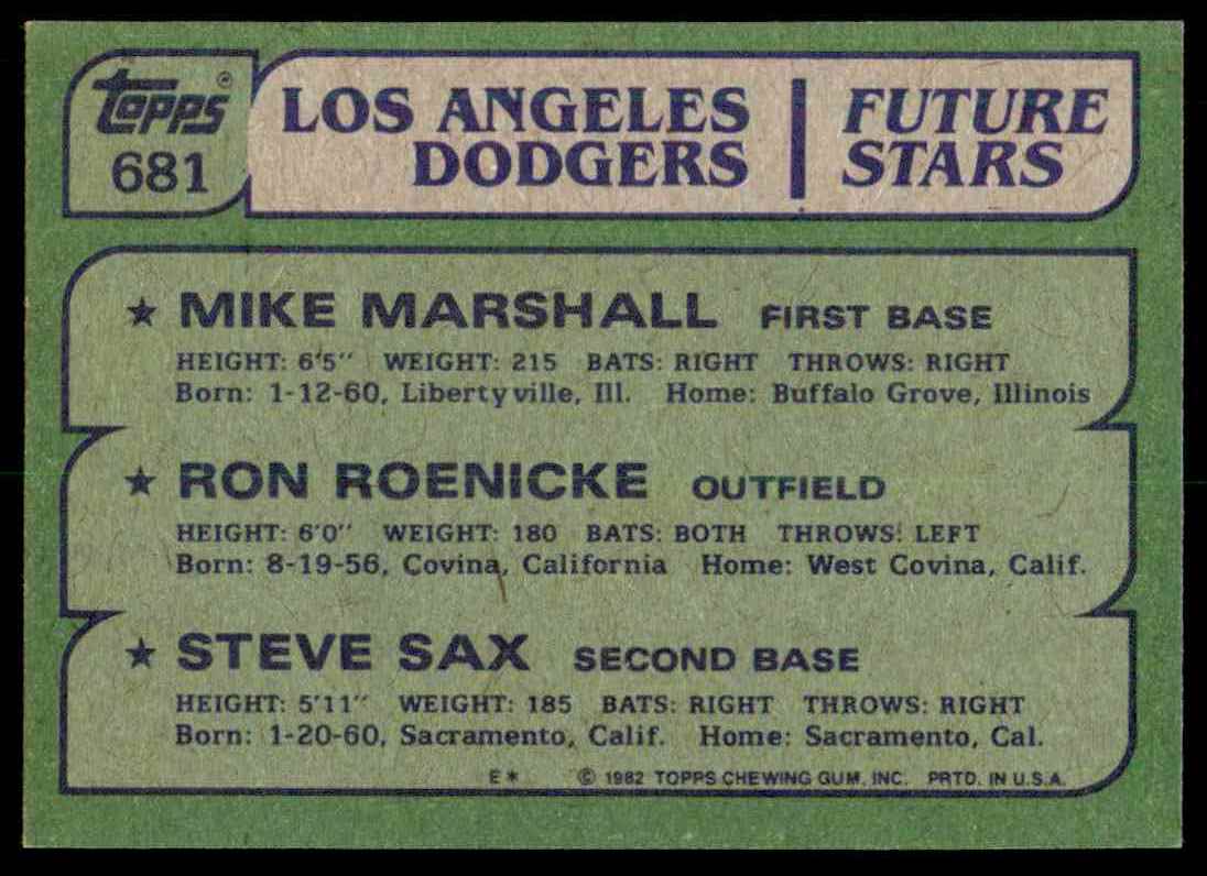 1982 Topps #681 Mike Marshall RC/Ron Roenicke RC/Steve Sax RC Los Angeles #681 card back image