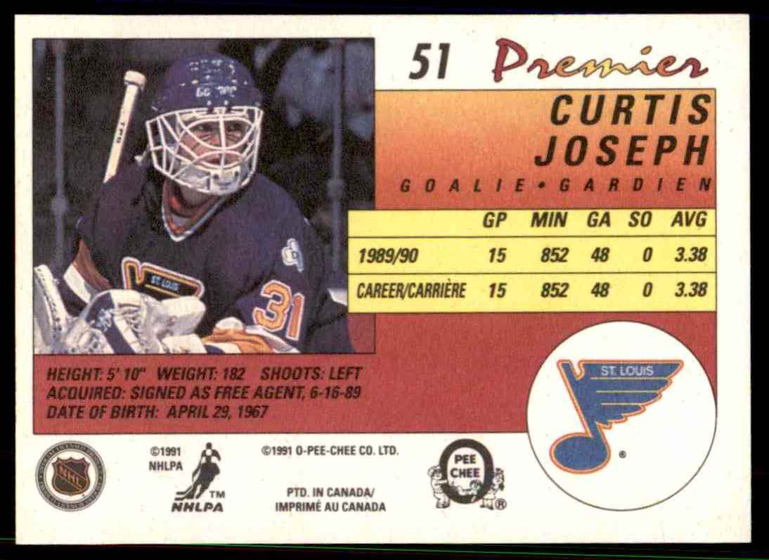 1990-91 O-Pee-Chee Premier ! Curtis Joseph #51 card back image