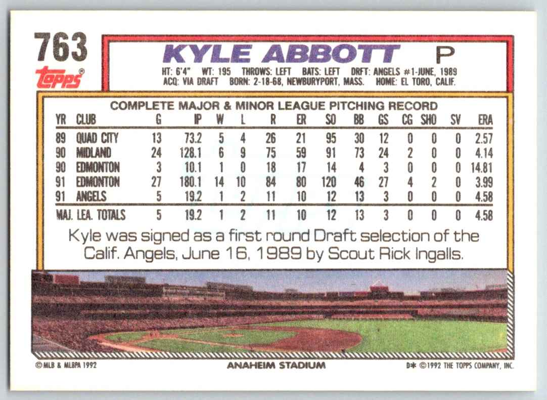 1992 Topps Kyle Abbott #763 card back image