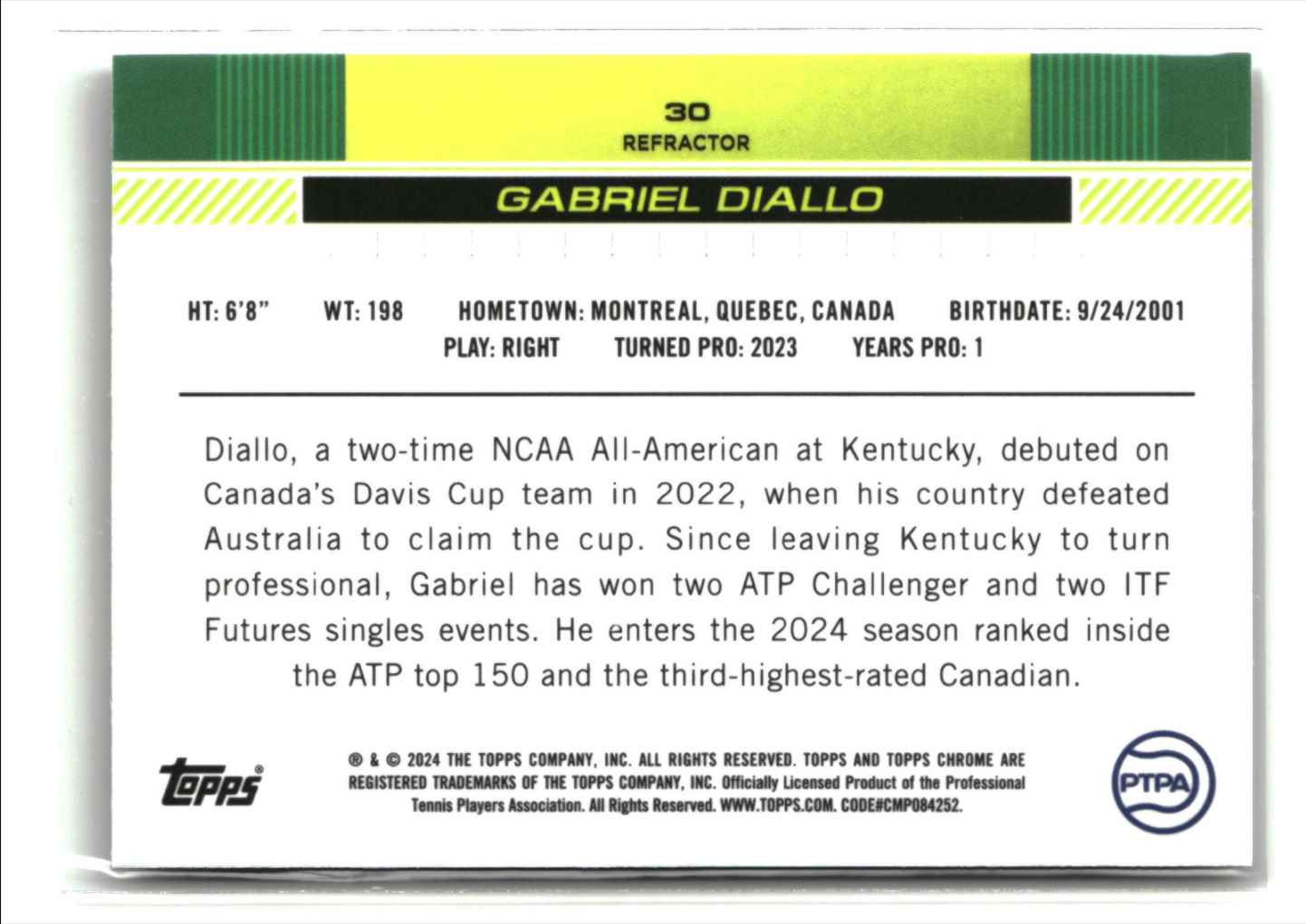 2024 Topps Chrome Refractor GABRIEL DIALLO #30 card back image