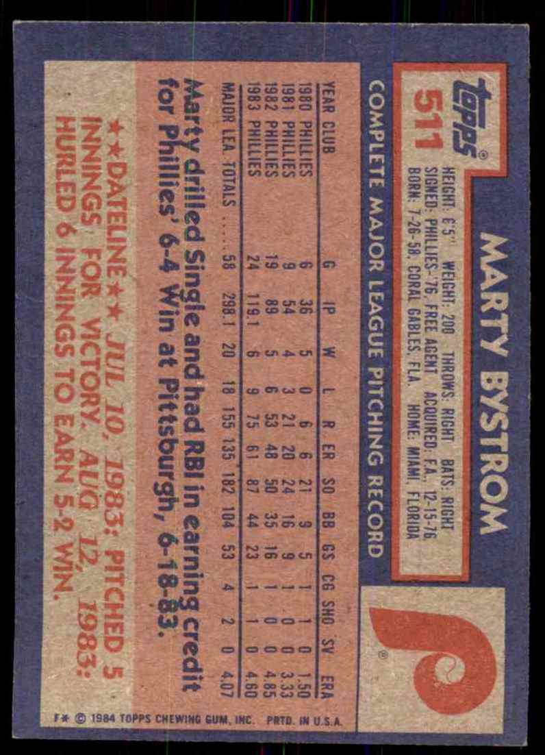 1984 Topps Marty Bystrom #511 card back image