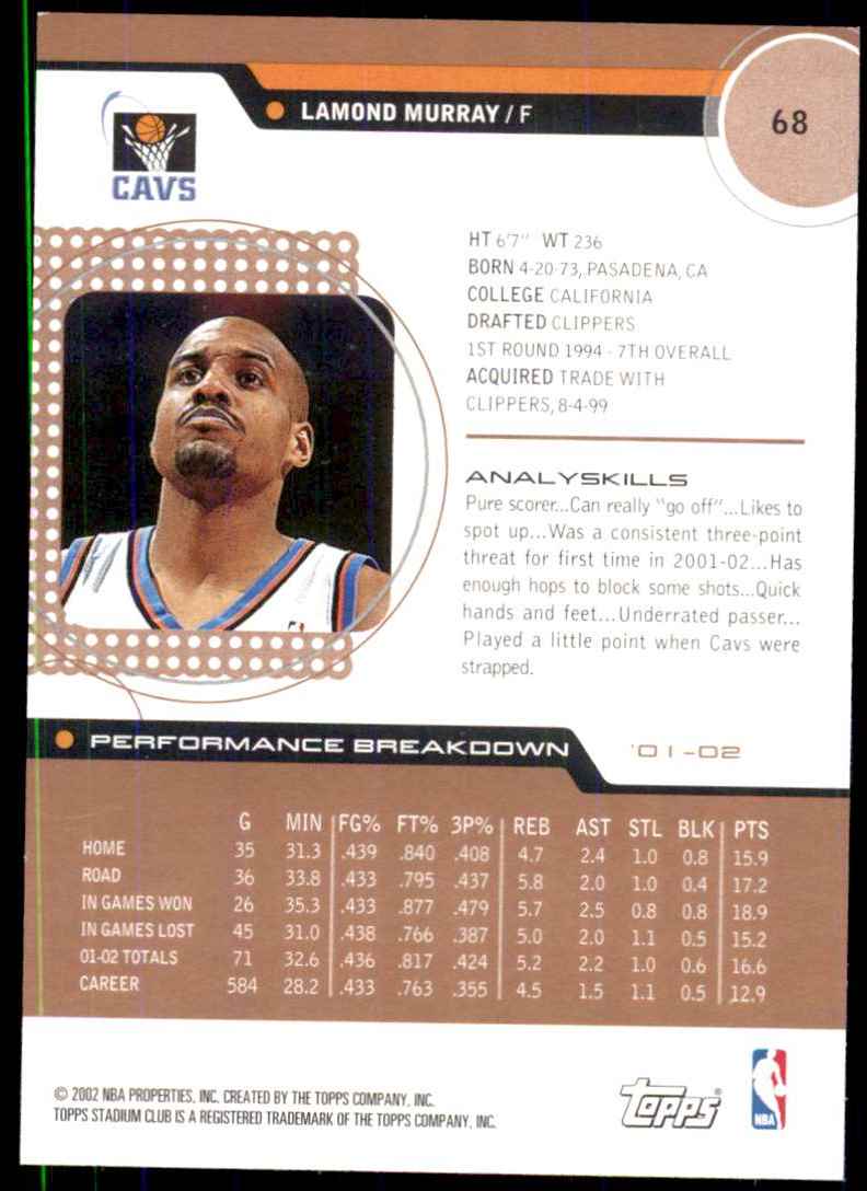 2002-03 Stadium Club Lamond Murray #68 card back image
