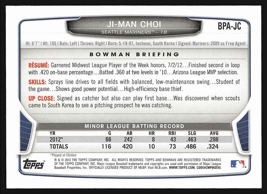 2013 Bowman Prospect Autographs Ji-Man Choi #BPA-JC card back image