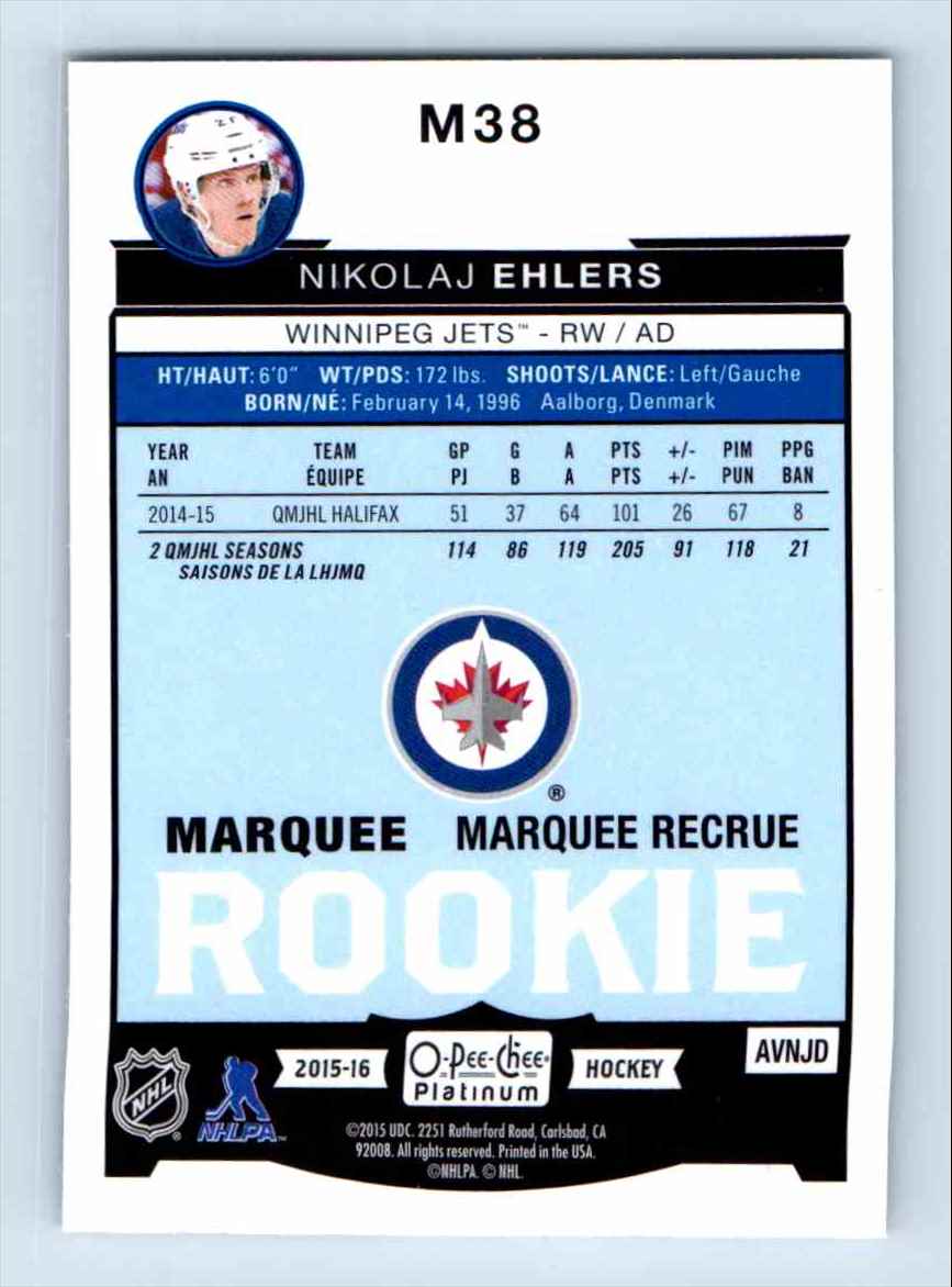 2015-16 O-Pee-Chee Platinum Marquee Rookie Nikolaj Ehlers #M38 card back image