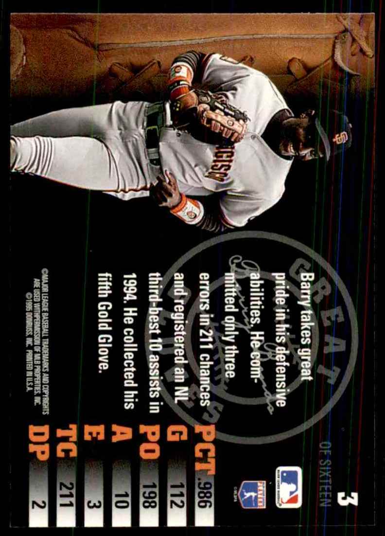 1995 Leaf Great Gloves Barry Bonds #3 card back image