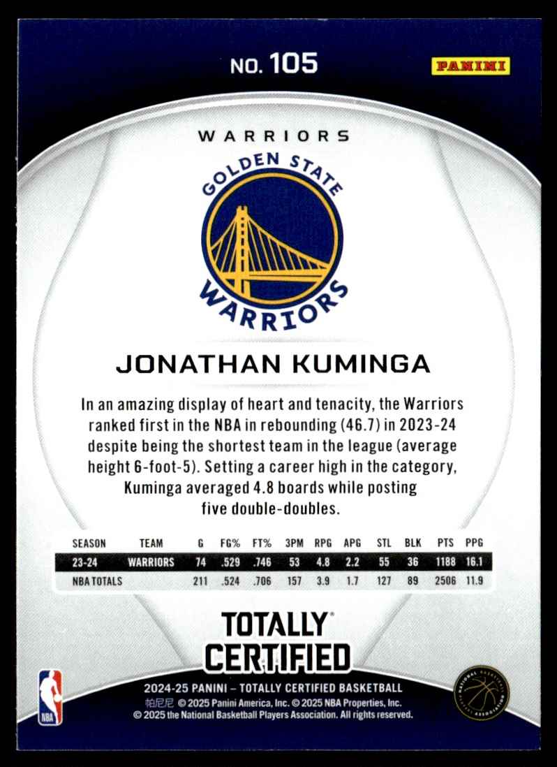 2024-25 Panini NBA Totally Certified Mirror Jonathan Kuminga #105 card back image