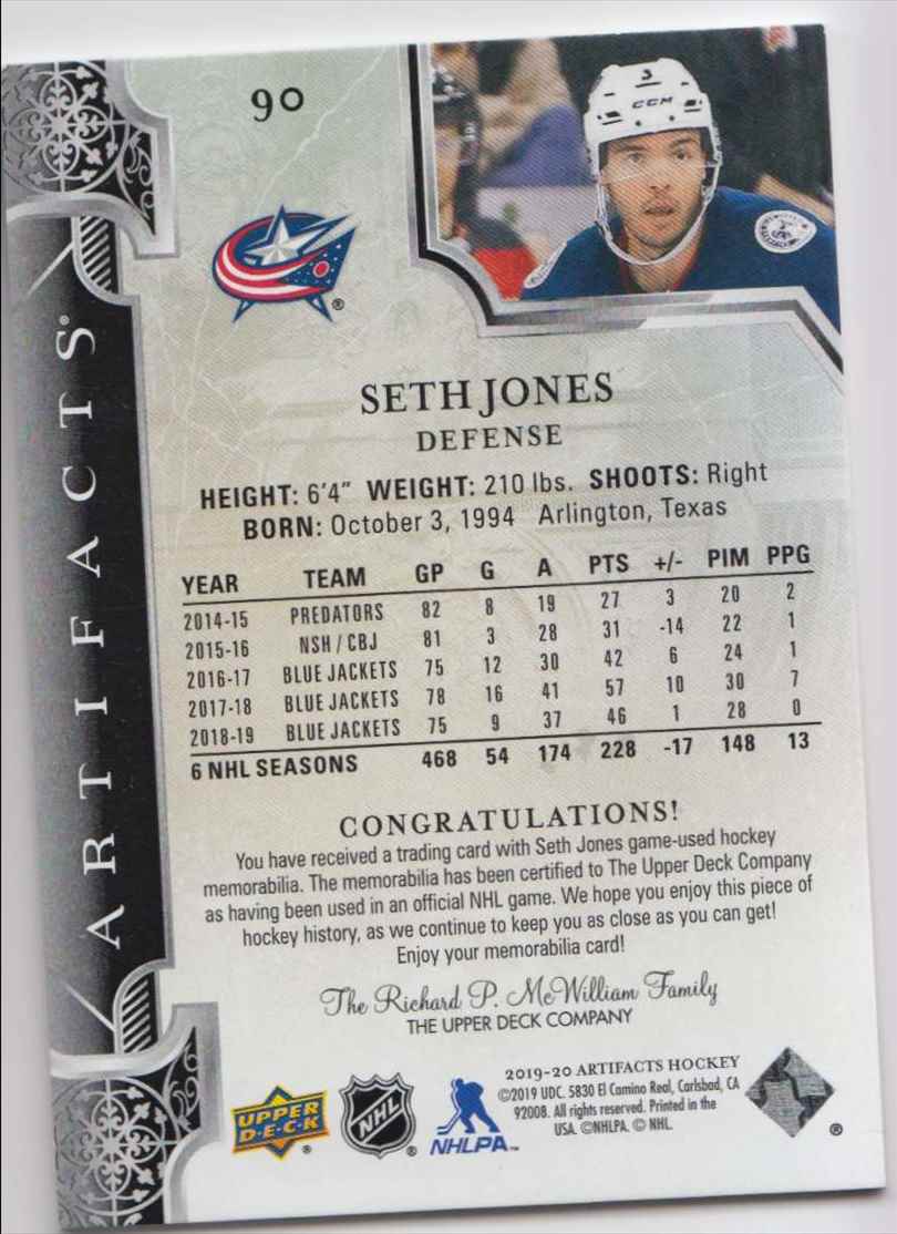 2019-20 Artifacts Materials Gold Seth Jones #90 card back image
