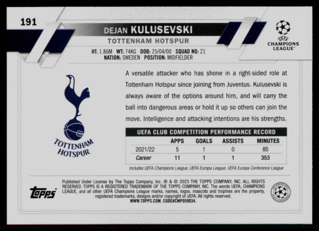2022 Topps UEFA Dejan Kulusevski #191 card back image