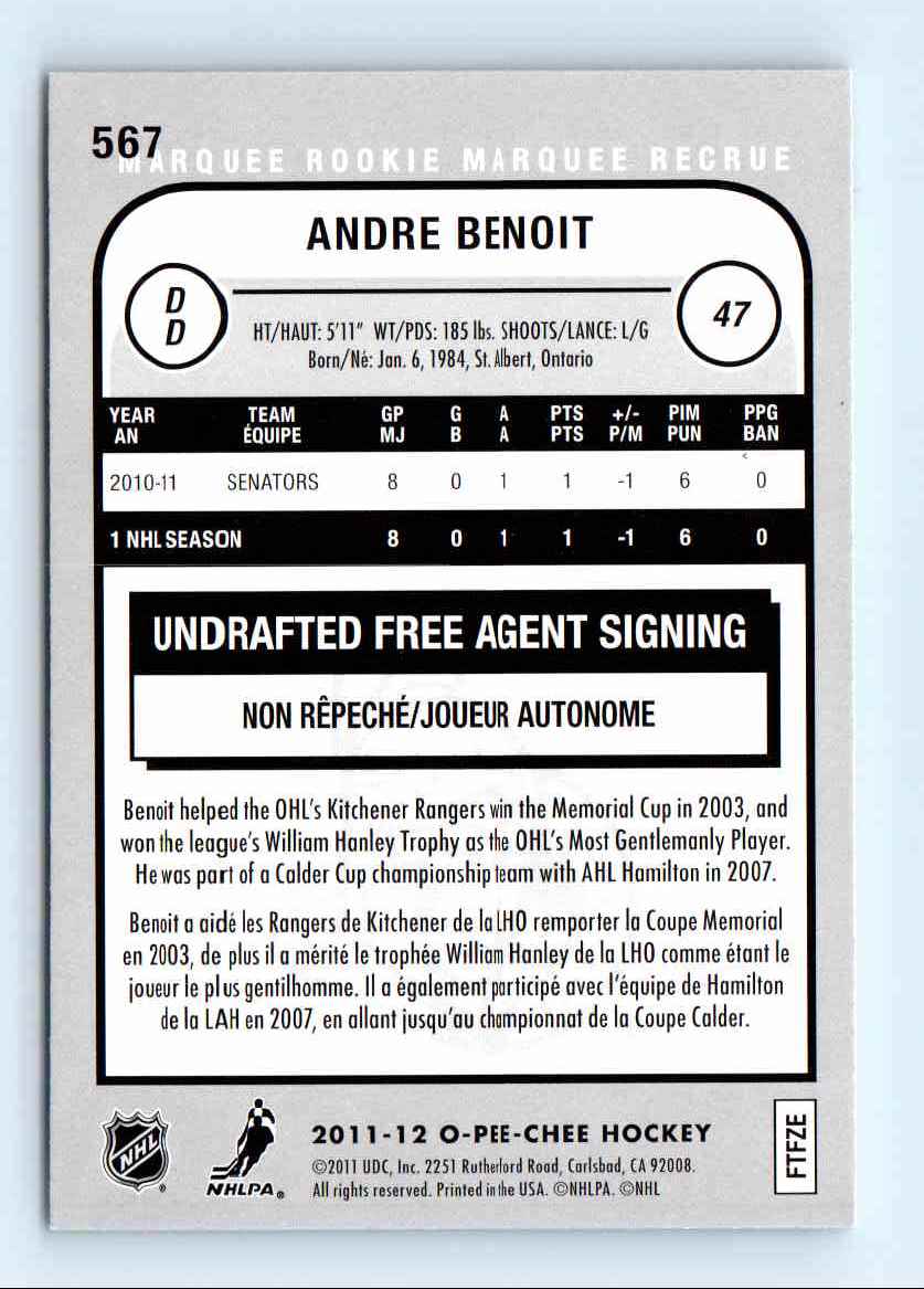 2011-12 O-Pee-Chee Marquee Rookie Andre Benoit #567 card back image