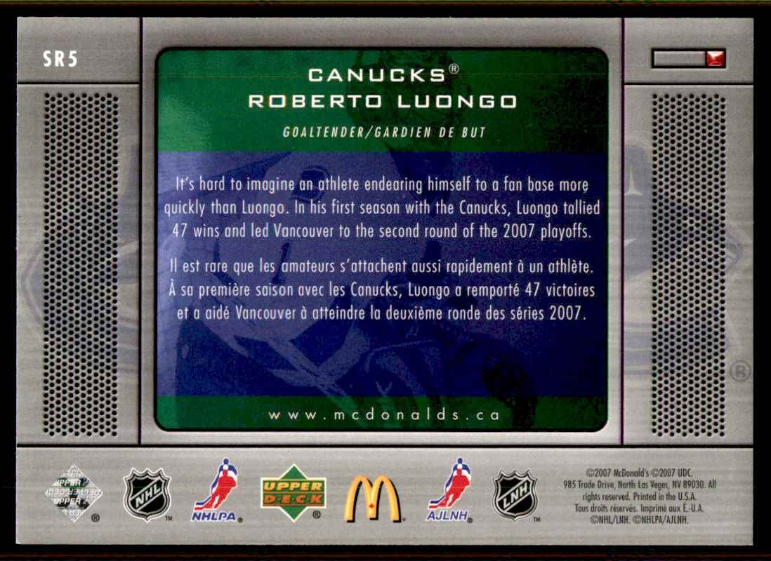 2007-08 McDonald's Upper Deck Season in Review Roberto Luongo #SR5 card back image