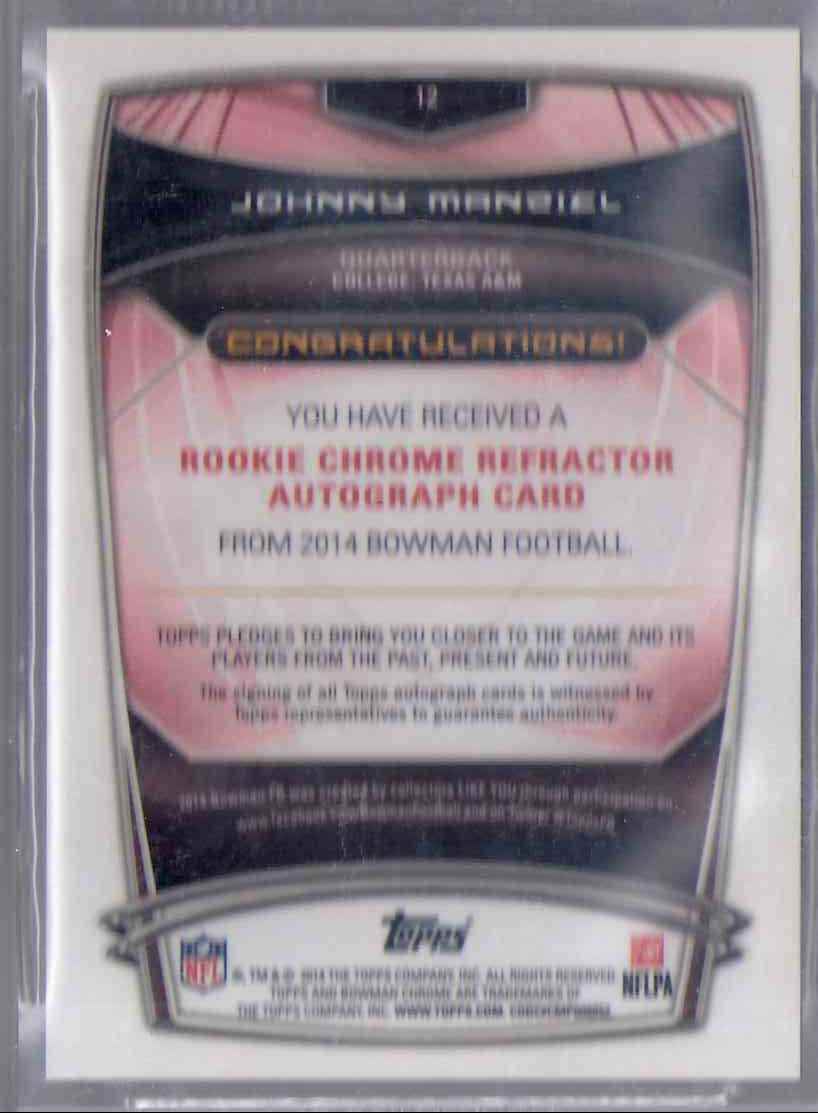 2014 Bowman Chrome Rookie Autographs Red Refractors Johnny Manziel #12 card back image