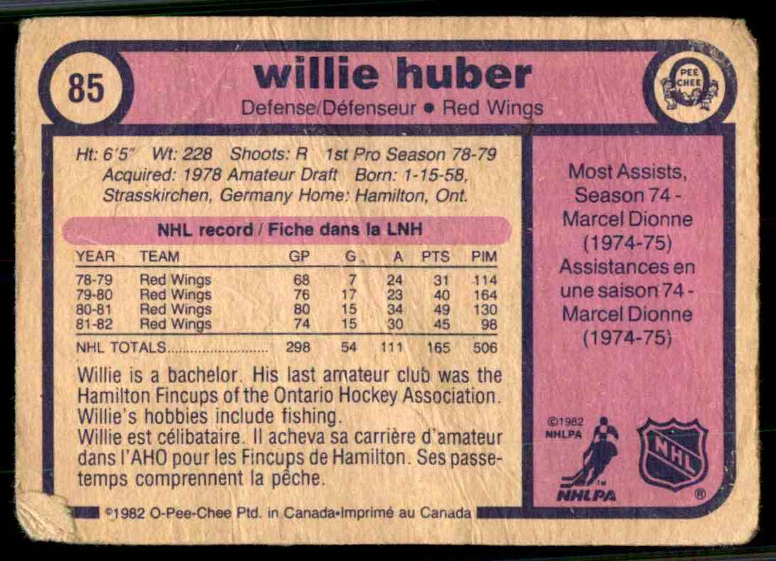 1982-83 O-Pee-Chee Willie Huber #85 card back image