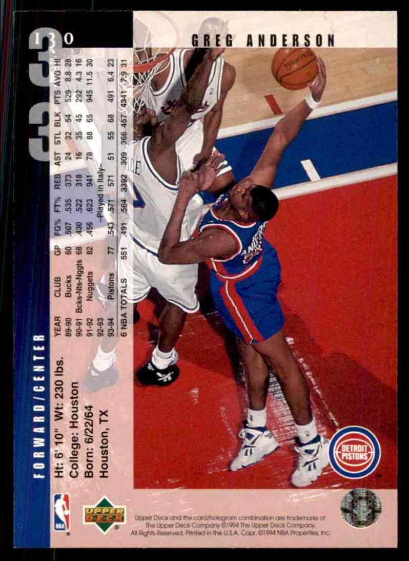 1994-95 Upper Deck Greg Anderson #130 card back image
