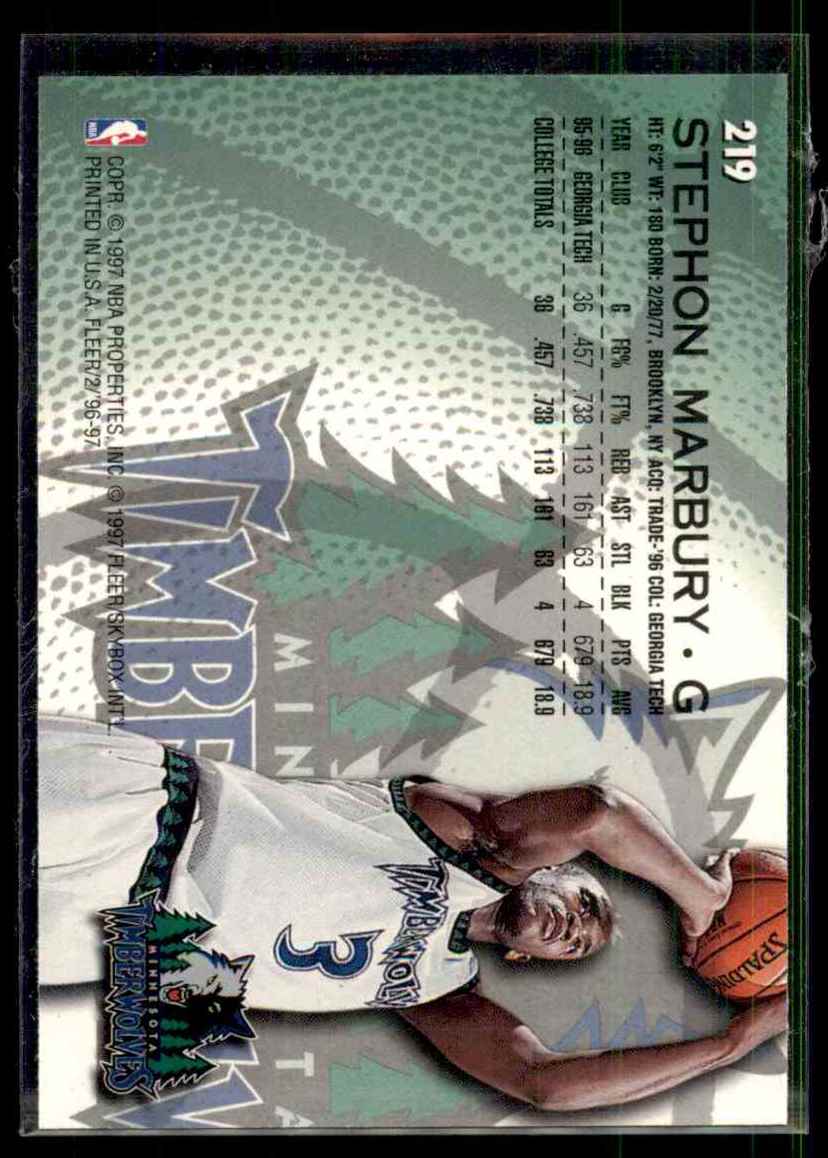 1996-97 Fleer Stephon Marbury RC #219 card back image