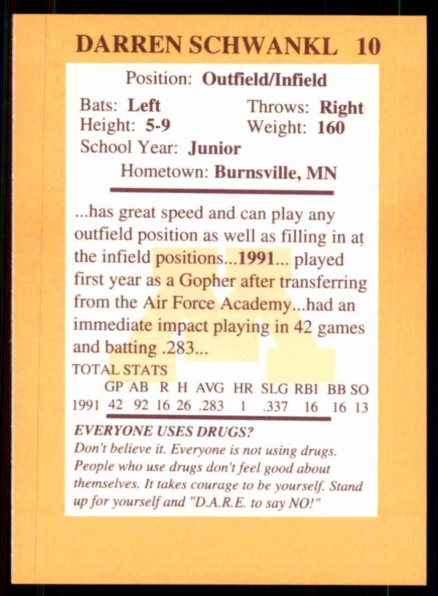 1992 Quaker Oats Minnesota Golden Gophers Darren Schwankl #10 card back image