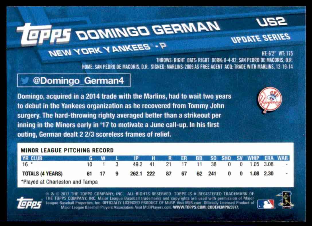 2017 Topps Update Domingo German #US2 card back image