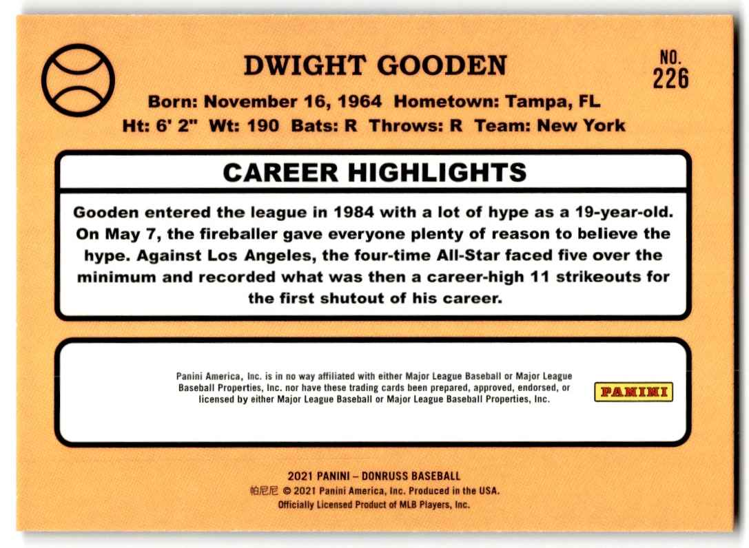 2021 Donruss Holo Red Dwight Gooden #226 card back image