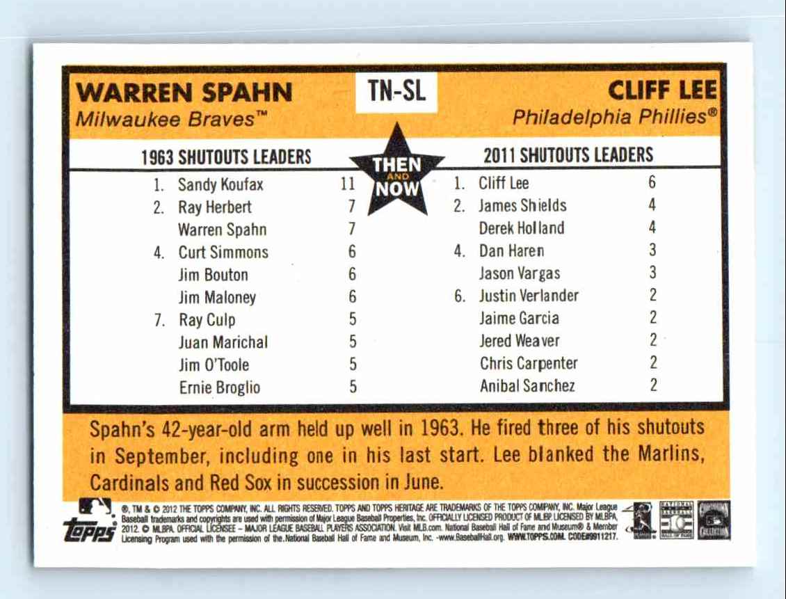 2012 Topps Heritage Baseball Flashbacks Warren Spahn Cliff Lee #TN-SL card back image