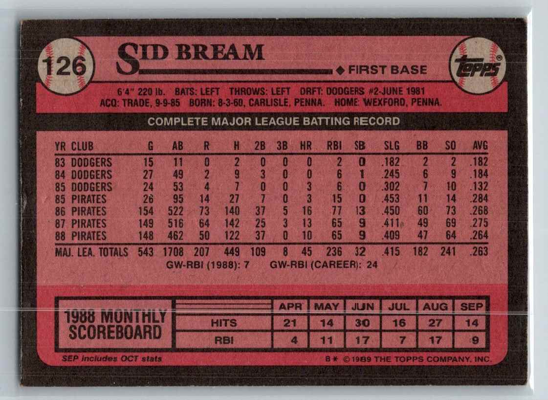 1989 Topps Sid Bream #126 card back image