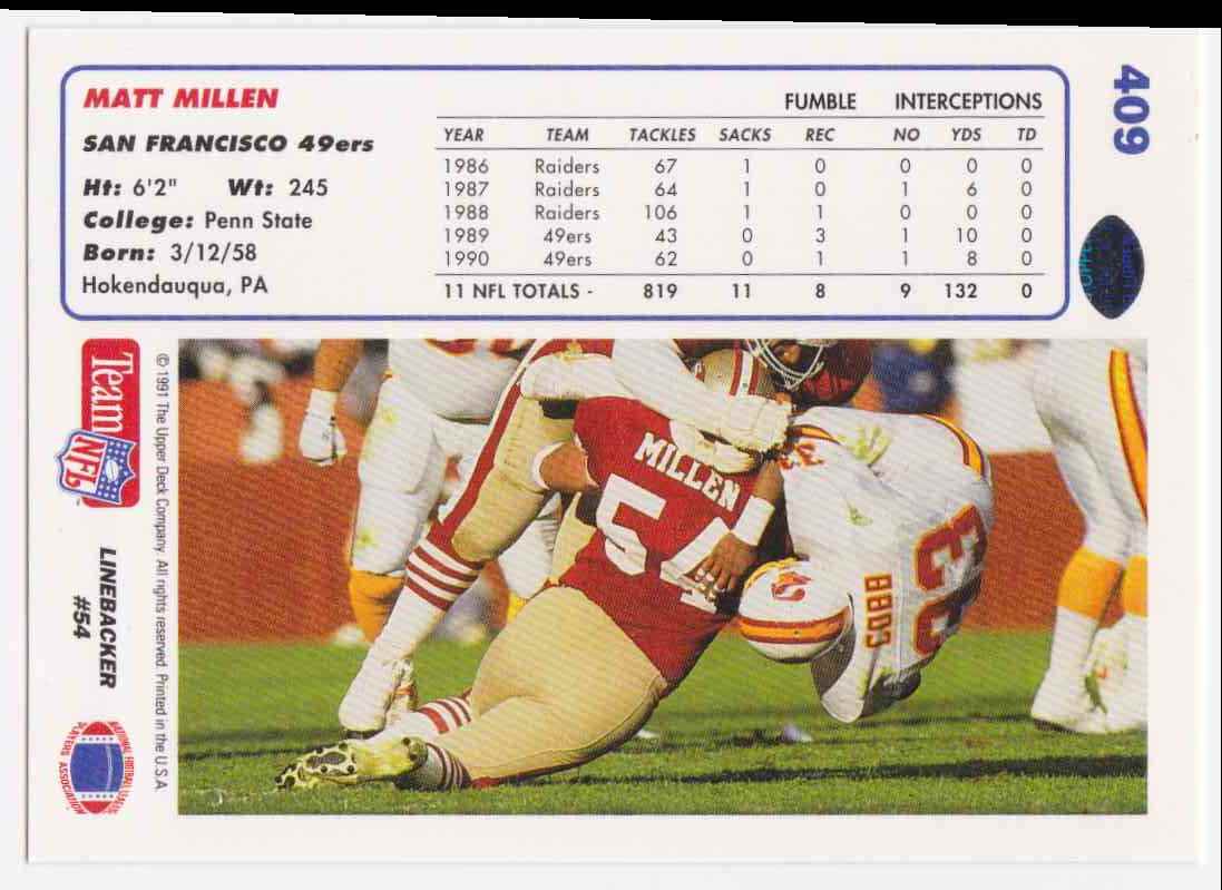 1991 Upper Deck Matt Millen #409 card back image