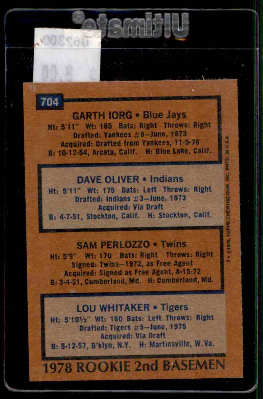 1978 Topps Lou Whitaker Dave Oliver Sam Perlozzo Garth Iorg #704 card back image