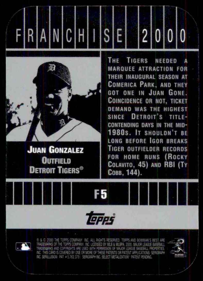 2000 Bowman's Best Franchise 2000 Juan Gonzalez #F5 card back image