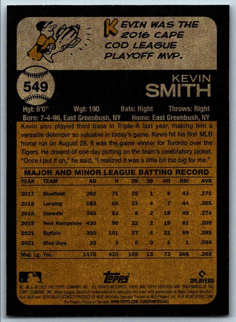 2022 Topps Heritage High Number Kevin Smith #549 card back image