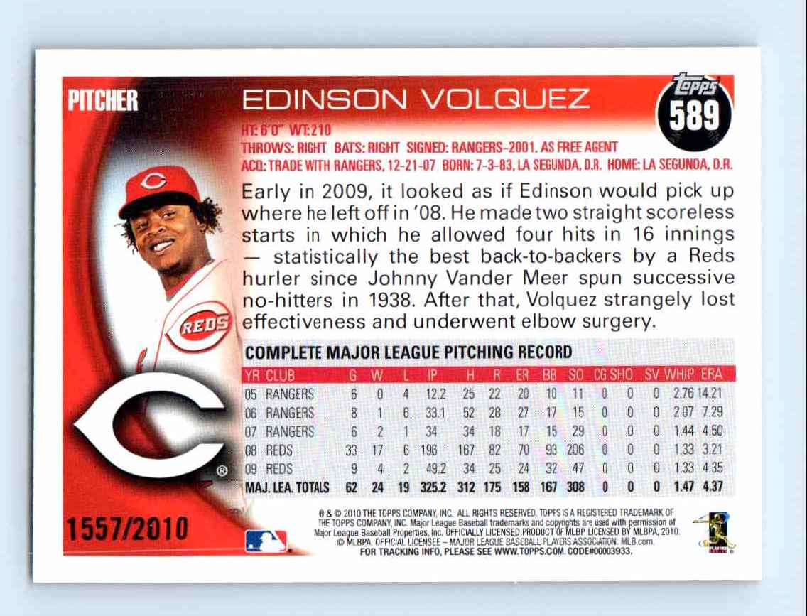 2010 Topps Gold Border Edinson Volquez #589 card back image