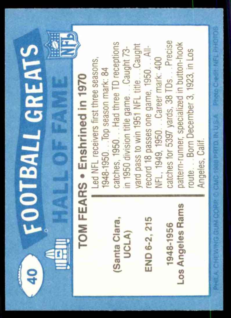 1988 Swell Football Greats Tom Fears 70 #40 card back image