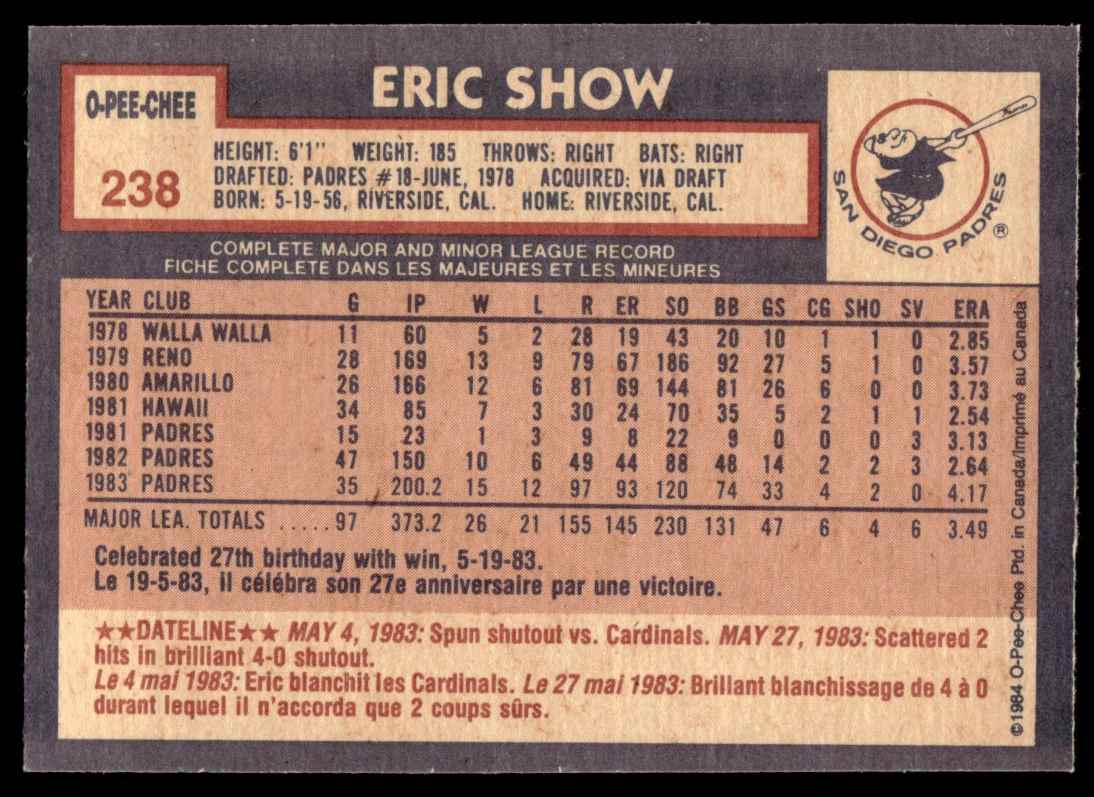 1984 O-Pee-Chee Eric Show #238 card back image