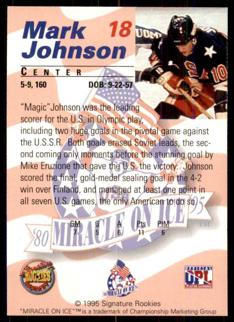 1995-96 Signature Rookies Miracle On Ice Mark Johnson #18 card back image