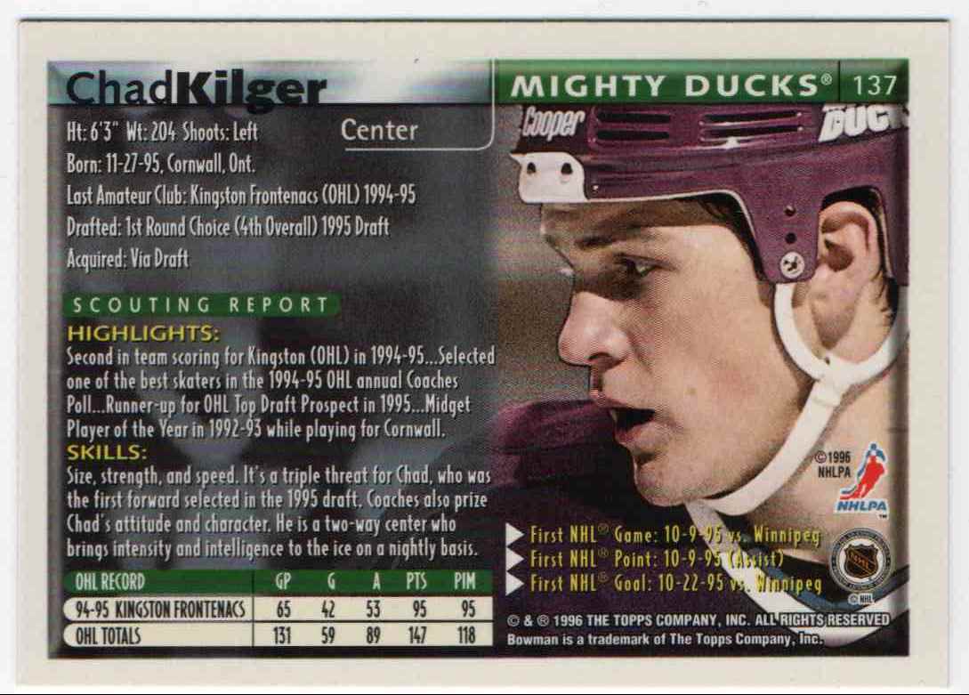 1996-97 Topps Bowman Rookie Chad Kilger #137 card back image