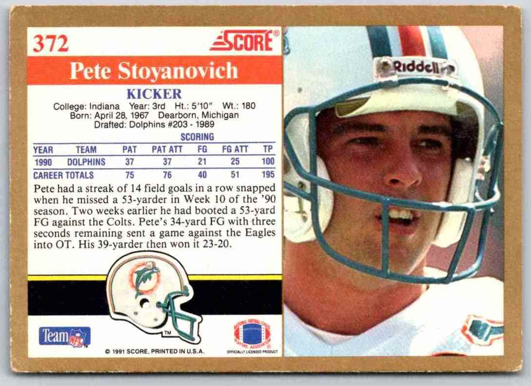 1991 Score Pete Stoyanovich #372 card back image