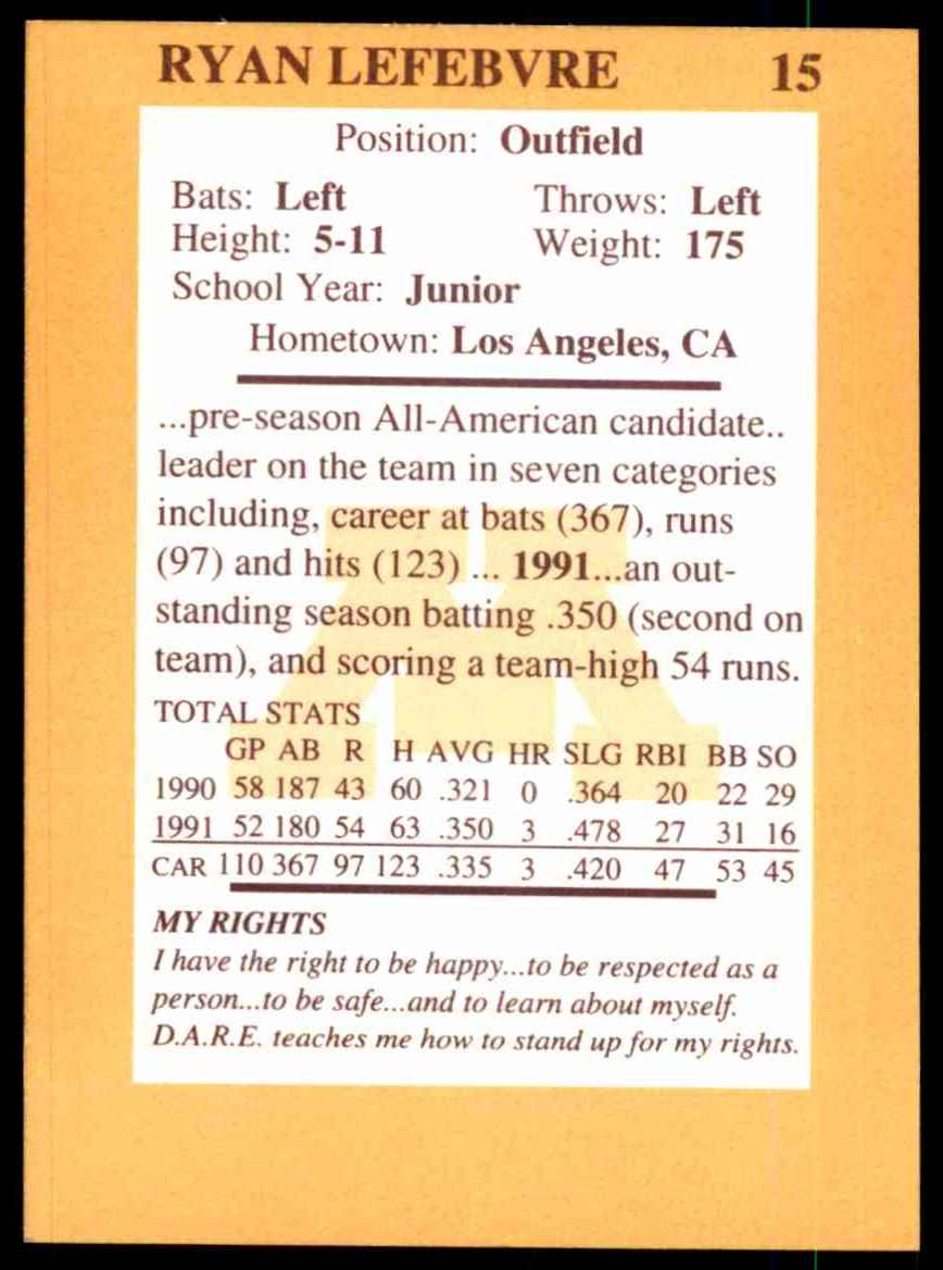 1992 Quaker Oats Minnesota Golden Gophers Ryan Lefebvre #15 card back image