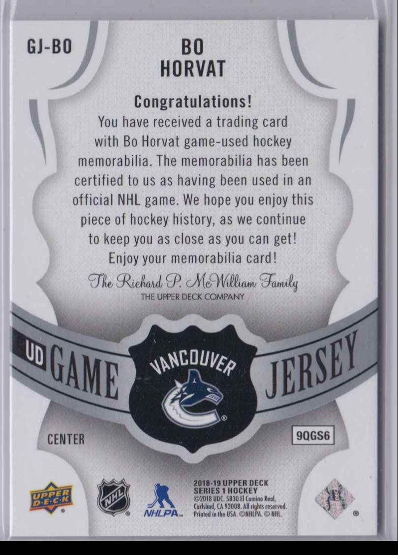 2018-19 Upper Deck Game Jerseys Bo Horvat #GJ-BO card back image