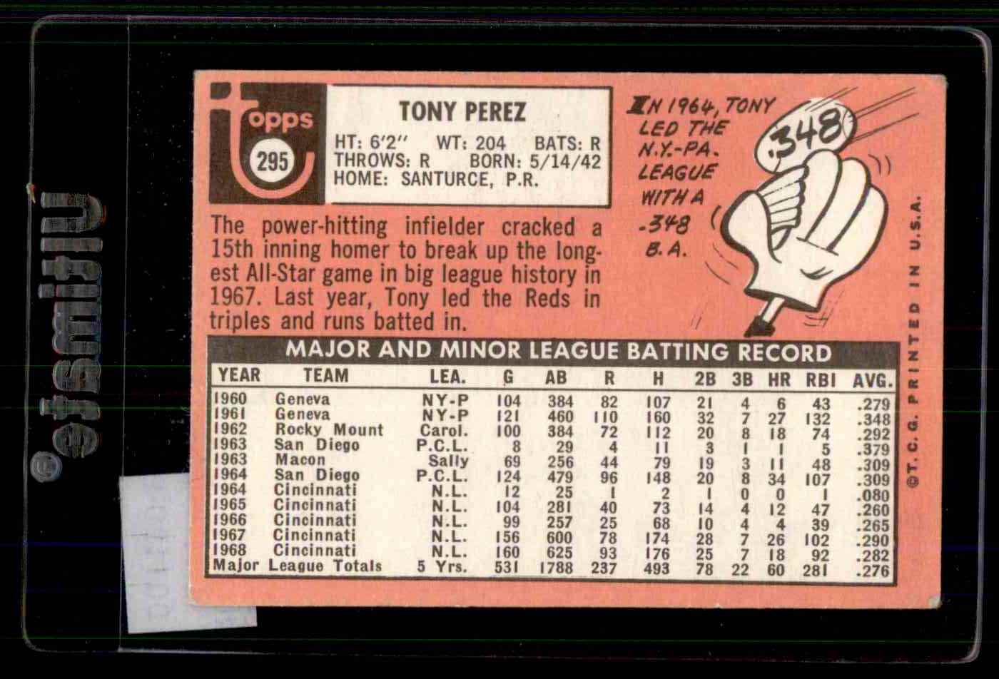 1969 Topps Tony Perez #295 card back image