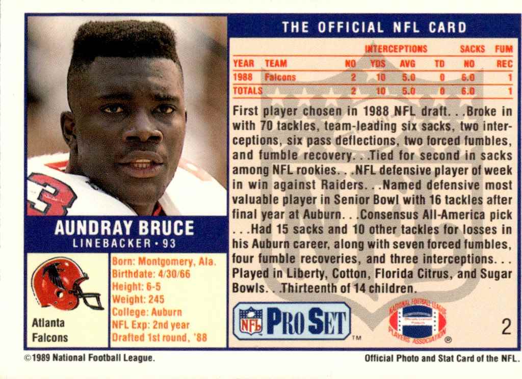 1989 Pro Set Aundray Bruce #2 card back image