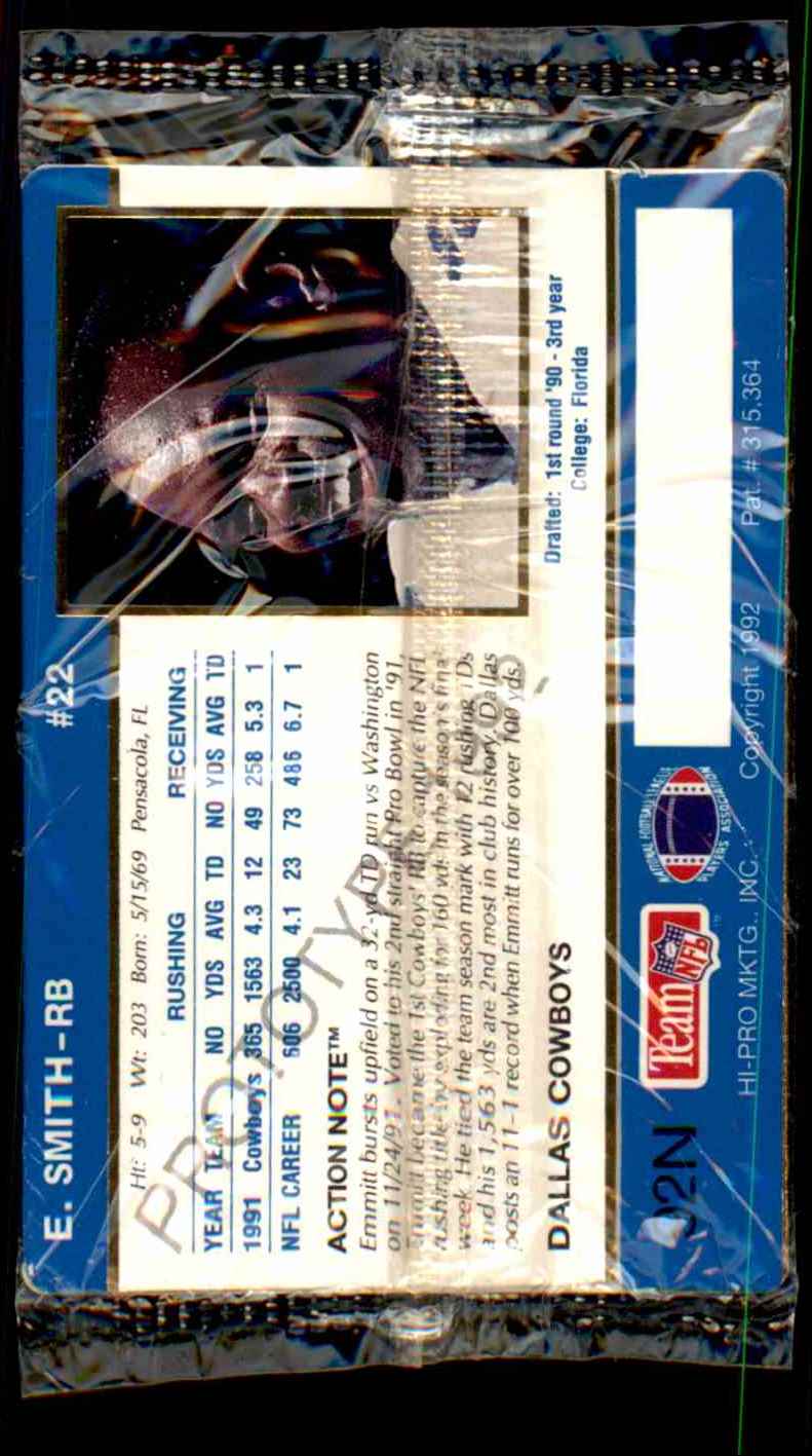 1992 Action Packed Prototypes Factory Sealed Emmitt Smith #92N card back image