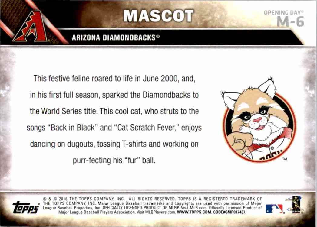 2016 Topps Opening Day Mascots Baxter The Bobcat #M-6 card back image