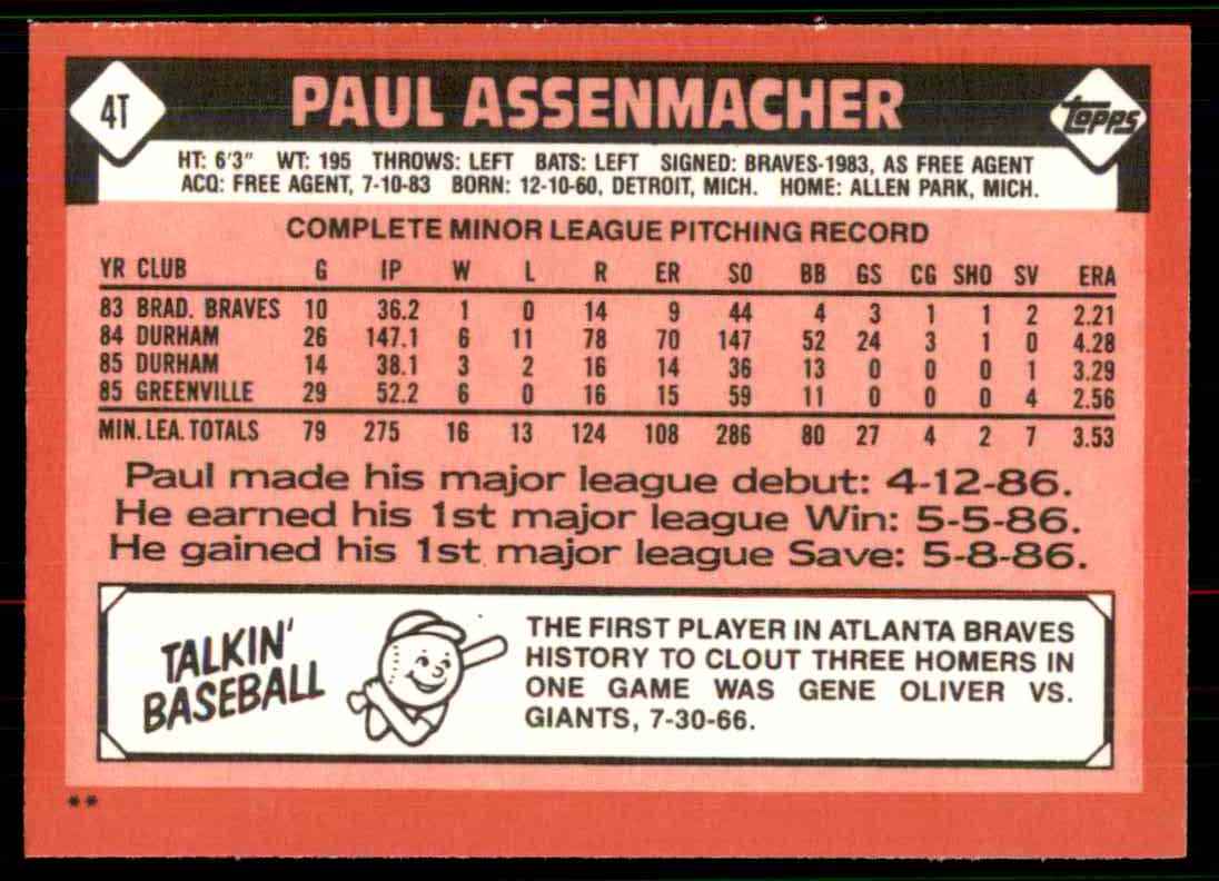 1986 Topps Traded Paul Assenmacher B-2636 #4T card back image