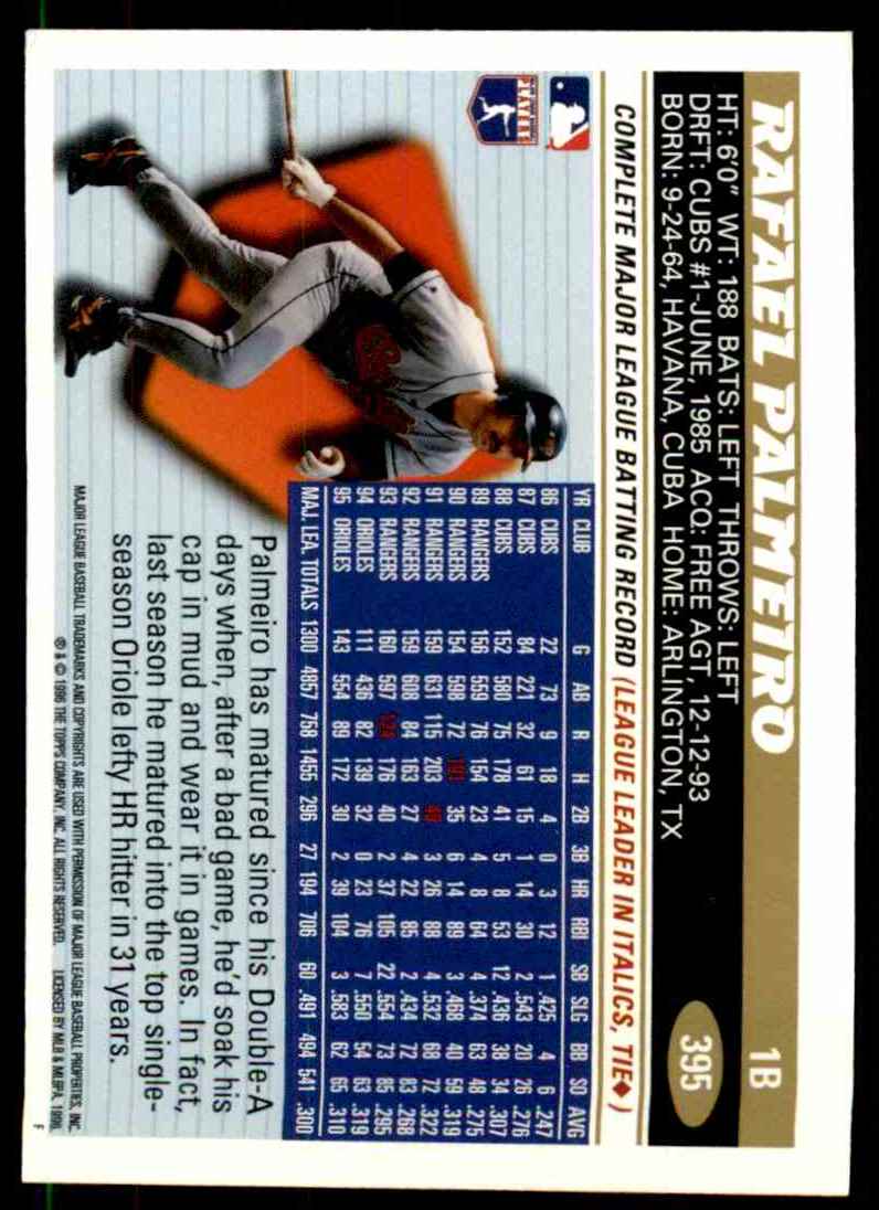 1996 Topps Rafael Palmeiro #395 card back image