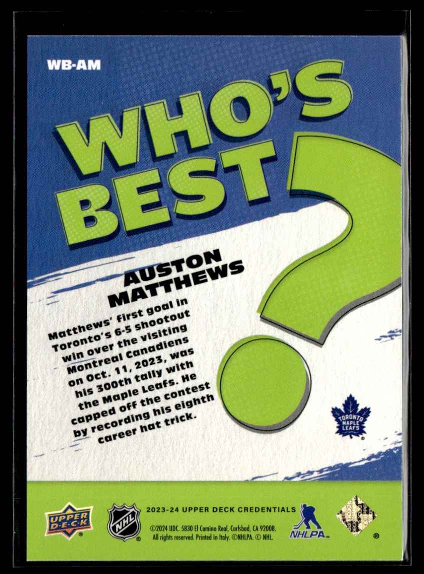 2023-24 UD Credentials Who's Best Auston Matthews #WB-AM card back image