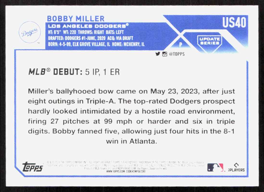 2023 Topps Update Bobby Miller #US40 card back image