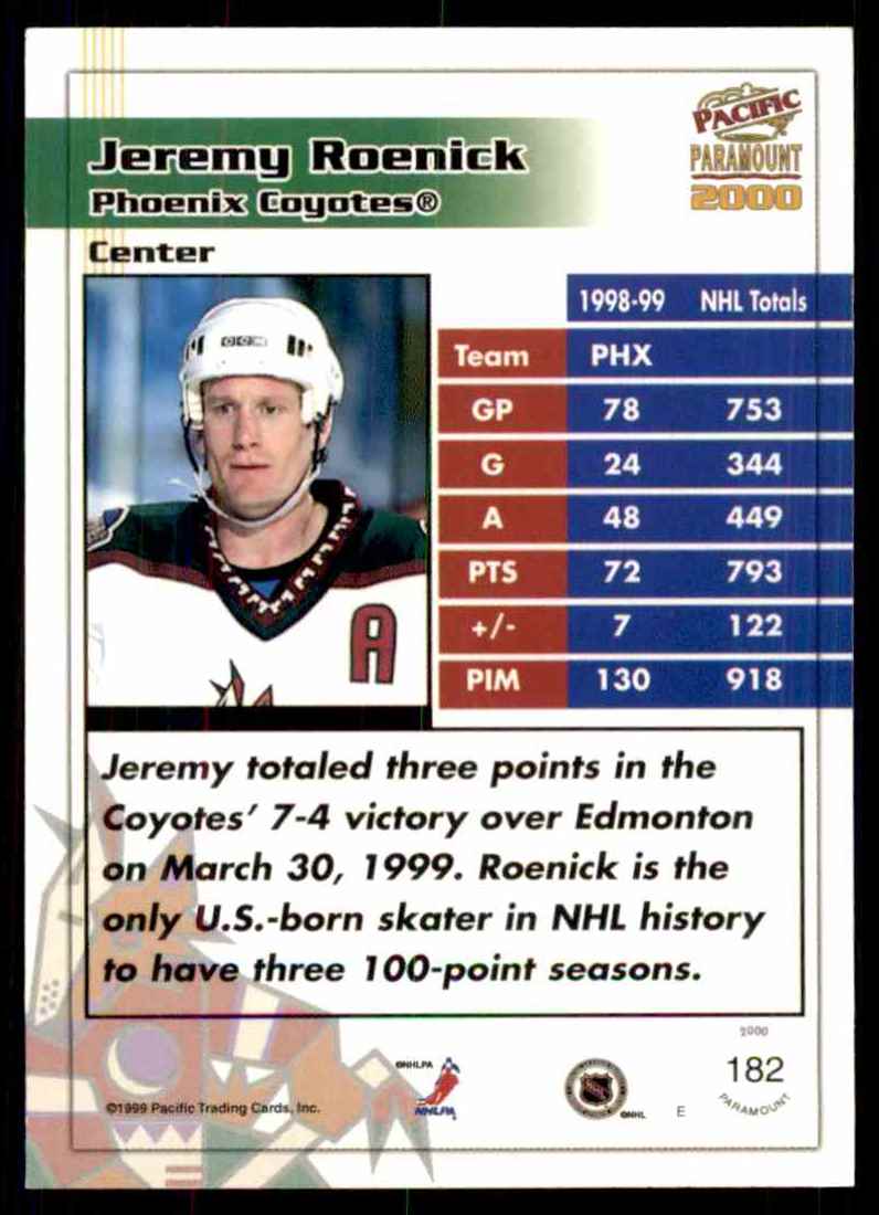 1999-00 Pacific Paramount Ice Blue Jeremy Roenick #182 card back image