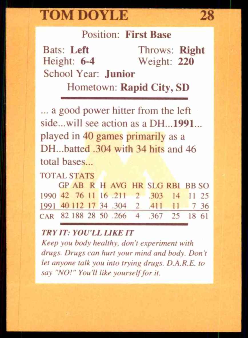 1992 Quaker Oats Minnesota Golden Gophers Tom Doyle #28 card back image