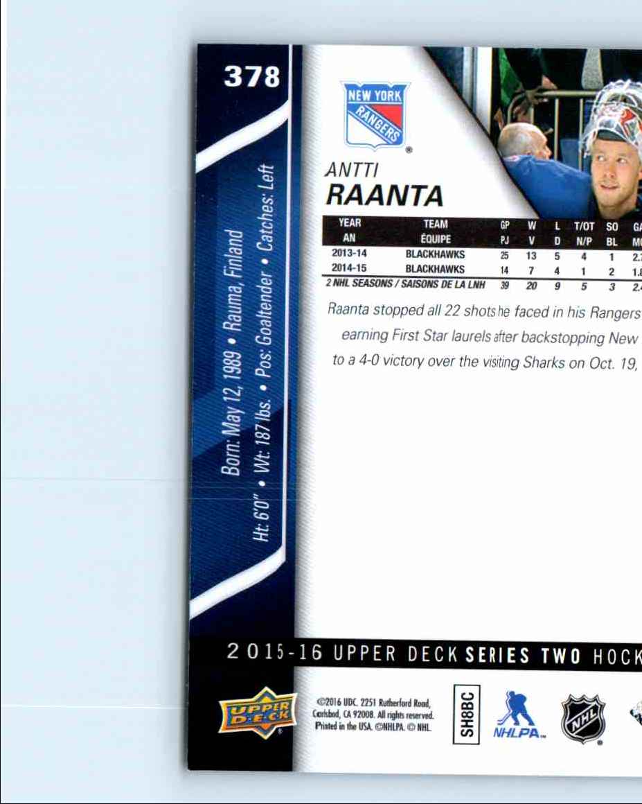 2015-16 Upper Deck Series 2 Antti Raanta #378 card back image