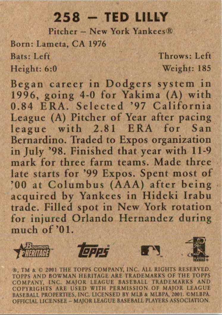 2001 Bowman Heritage Ted Lilly #258 card back image