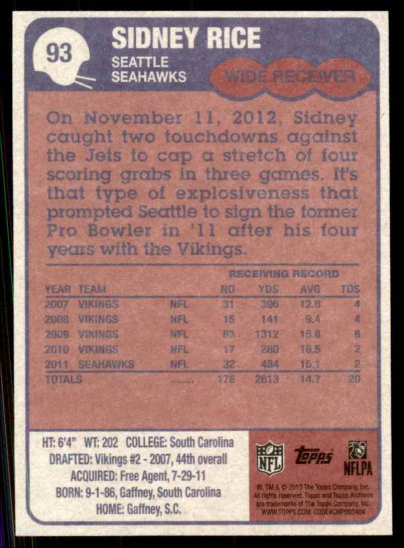 2013 Topps Archives Sidney Rice #93 card back image