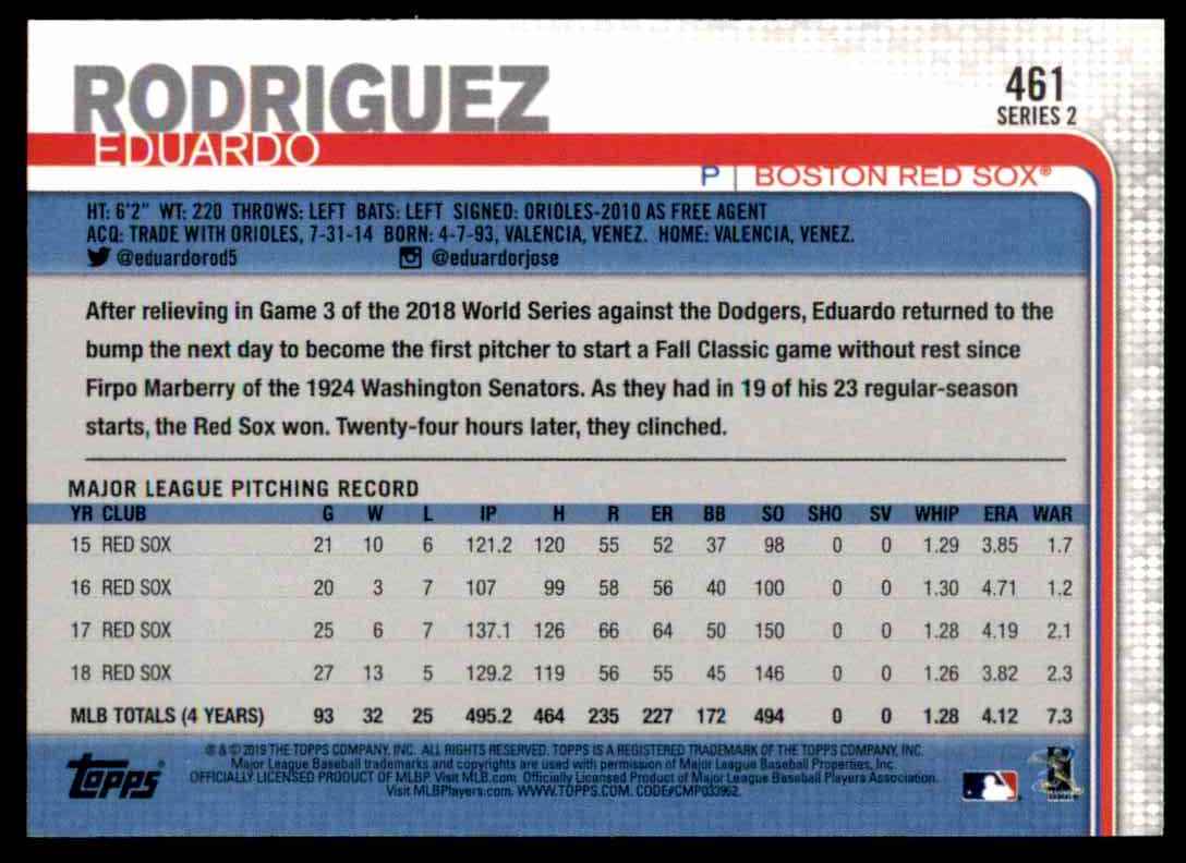 2019 Topps Series 2 Eduardo Rodriguez #461 card back image
