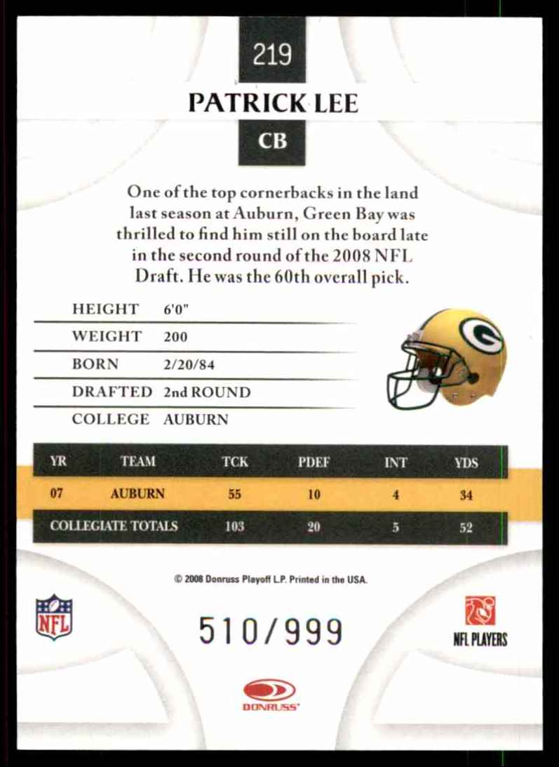 2008 Donruss Threads Patrick Lee/999 RC #219 card back image
